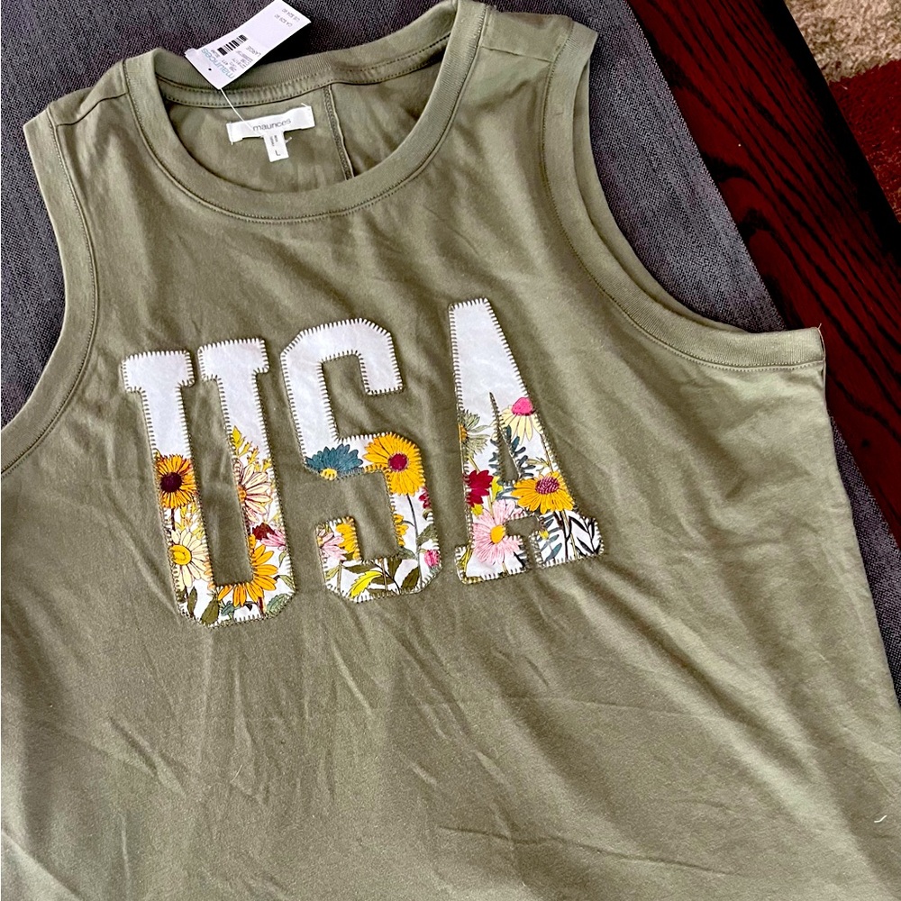Maurice’s tank style top size large sage green with flower USA logo